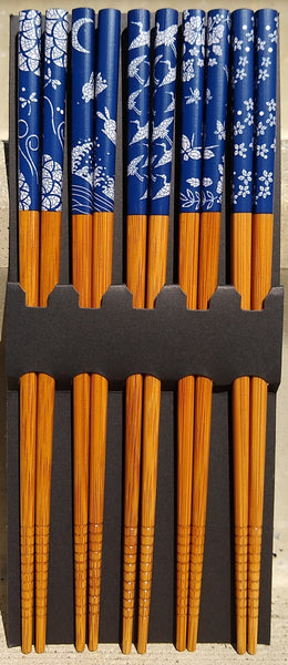 Dark Blue and White Bamboo Chopsticks (5 Pairs)