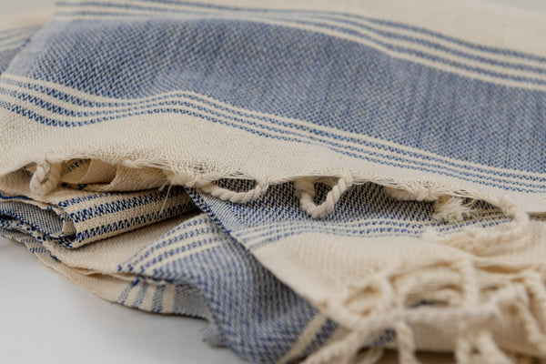 Turkish Peshtemel Towels - Classic Hamam (Blue & Natural Color)