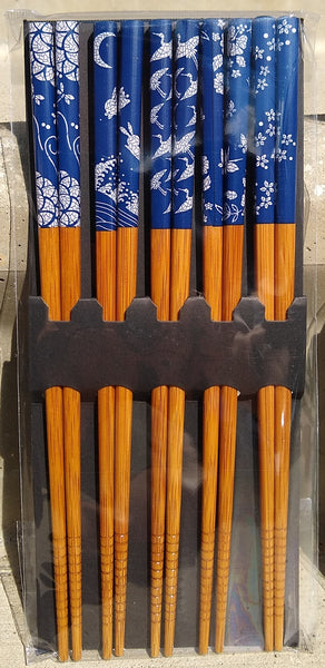 Dark Blue and White Bamboo Chopsticks (5 Pairs)
