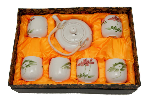 White Crackle Glaze Lotus Flower Teaset - Boxed | JadeSouk