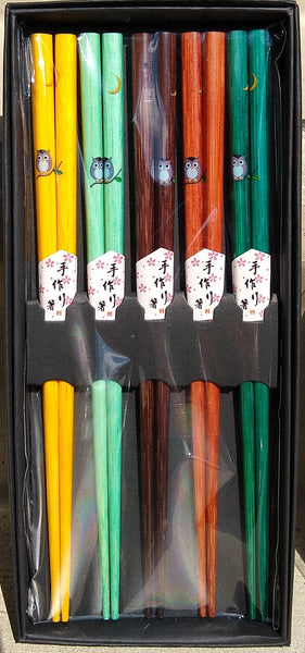 Colored Wooden Chopsticks with Owl Design